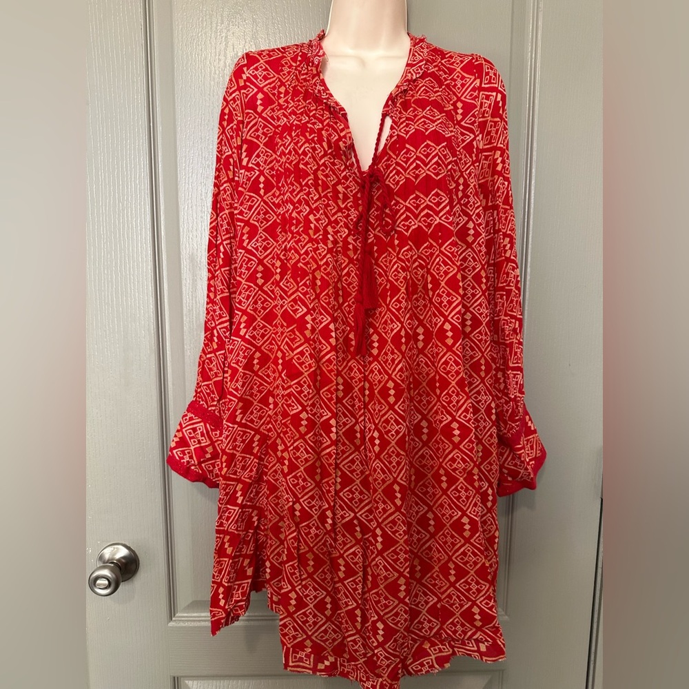 Free People Marlow Sheath Tie Red Geometric Dress Women Medium Boho Indie